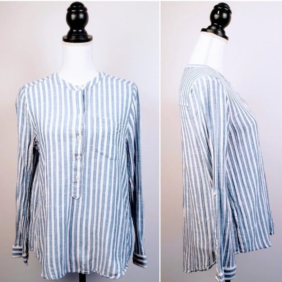 LUCKY BRAND Button Down Top, Blue White Linen Striped Long Sleeve Casual Boho, S - Picture 2 of 12